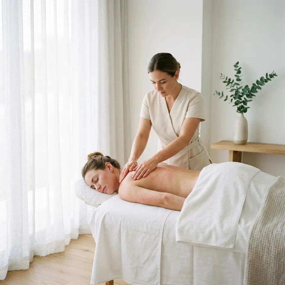 Illustrative massage scene with hands-on attention to the shoulder and upper back